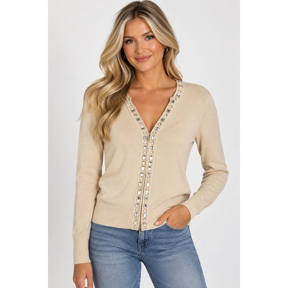 Cache Beige Embellished V‑Neck Cardigan